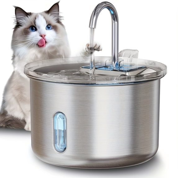 2L 67.63oz Cat Water Fountain FT400, Stainless Steel Automatic Pet Water Dispenser, Dog Drinking Fountain with 1 Replacement Filter, No Battery Required