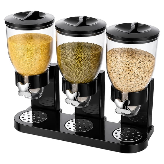2L Black Acrylic Snack Dispenser with 3 Independent Containers, Clear Food Storage for Grains, Nuts, Candies, and Dry Foods, Rotating Switches, Metal Dispensing Ports