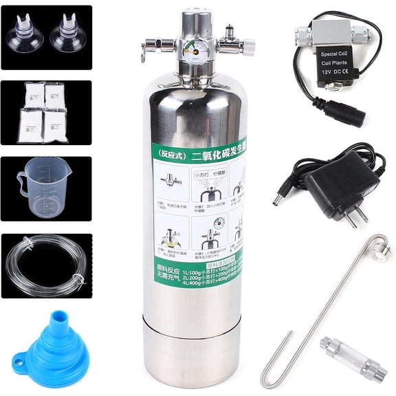 2L Capacity Stainless Steel Aquarium CO2 Generator Kit, Citric Acid Baking Soda Carbon Dioxide Generator Set with Full Accessories