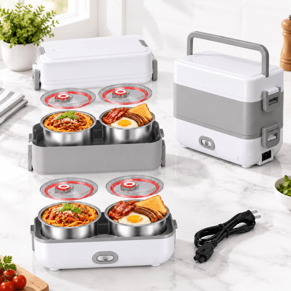 2L Electric Lunch Box Food Warmer, 200W Portable Mini Rice Cooker with 4 Stainless Steel Tiers