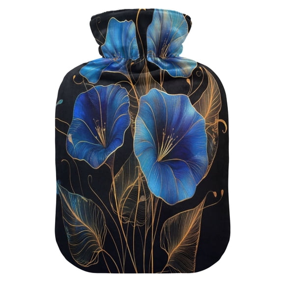 2L Hot Water Bottle with Soft Velvet Cover PVC Hot Water Bag for Pain Relief Long-Lasting Warmth Blue Morning Glory Flowers