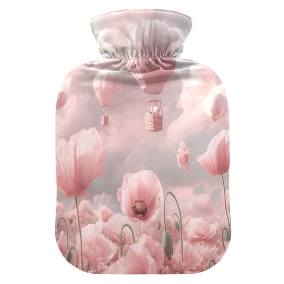2L Hot Water Bottle with Soft Velvet Cover PVC Hot Water Bag for Pain Relief Long-Lasting Warmth Clouds and Hot Air Balloons