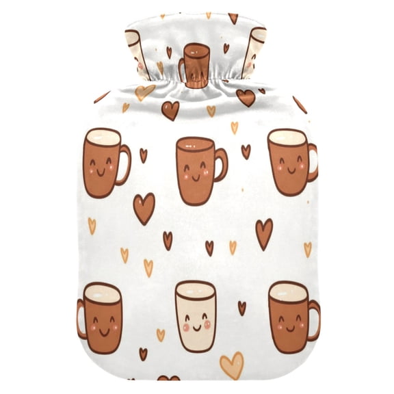 2L Hot Water Bottle with Soft Velvet Cover PVC Hot Water Bag for Pain Relief Long-Lasting Warmth Cute Coffee Cup Pattern