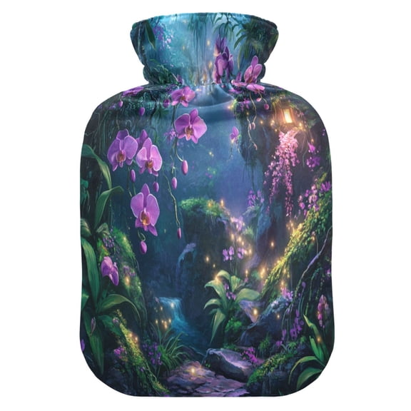2L Hot Water Bottle with Soft Velvet Cover PVC Hot Water Bag for Pain Relief Long-Lasting Warmth Orchid Forest Scene