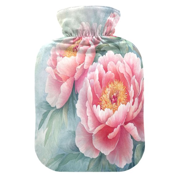 2L Hot Water Bottle with Soft Velvet Cover PVC Hot Water Bag for Pain Relief Long-Lasting Warmth Pink Peony Flowers