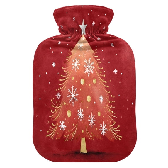2L Hot Water Bottle with Soft Velvet Cover PVC Hot Water Bag for Pain Relief Long-Lasting Warmth Red Christmas Tree