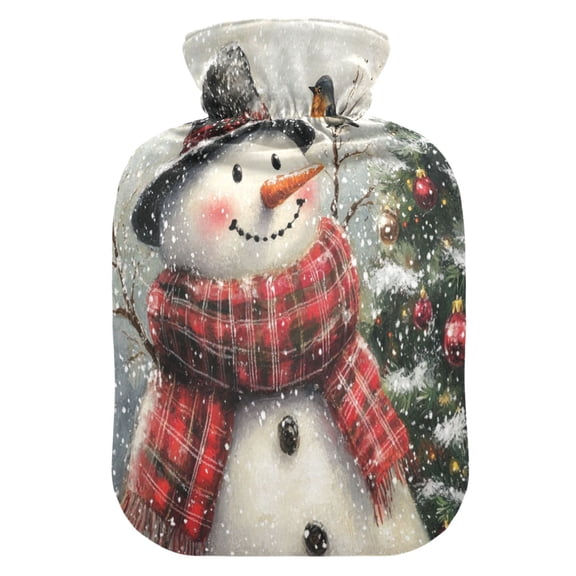 2L Hot Water Bottle with Soft Velvet Cover PVC Hot Water Bag for Pain Relief Long-Lasting Warmth Snowman and Bird