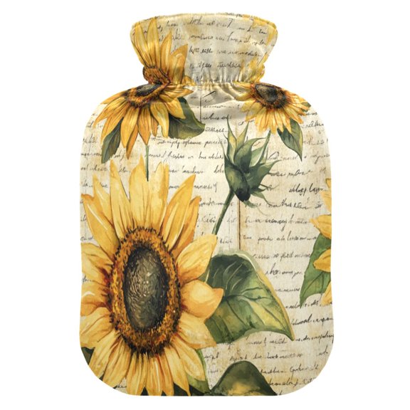 2L Hot Water Bottle with Soft Velvet Cover PVC Hot Water Bag for Pain Relief Long-Lasting Warmth Vintage Sunflowers