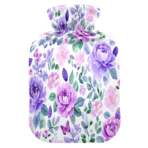 2L Hot Water Bottle with Soft Velvet Cover PVC Hot Water Bag for Pain Relief Long-Lasting Warmth Watercolor Floral Pattern