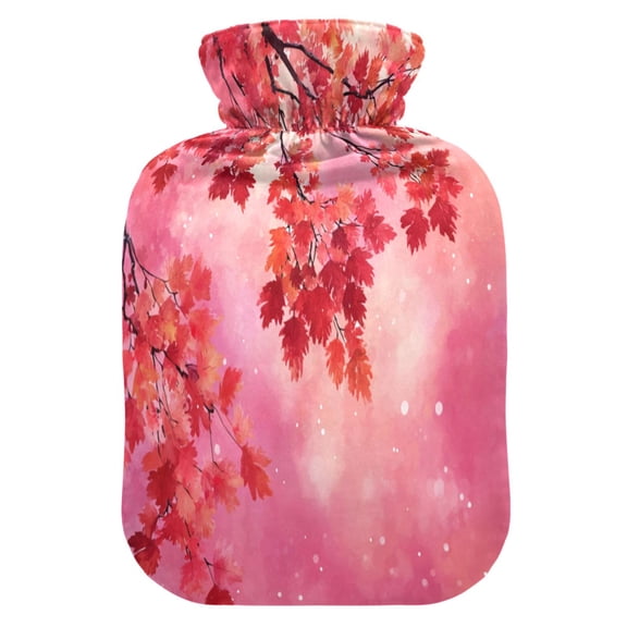 2L Hot Water Bottle with Soft Velvet Cover PVC Hot Water Bag for Pain Relief Long-Lasting Warmth Watercolor Red Maple Leaves