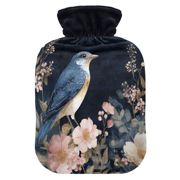 2L Hot Water Bottle with Soft Velvet Cover PVC Hot Water Bag for Pain Relief Long-Lasting Warmth Watercolor Vintage Blue Bird