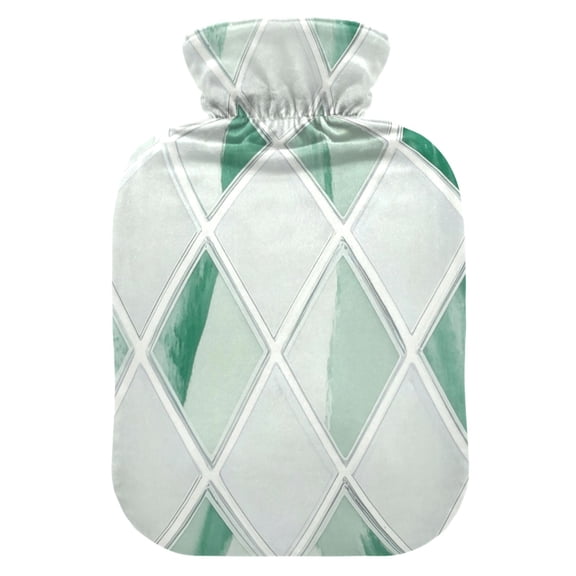 2L Hot Water Bottle with Soft Velvet Cover PVC Hot Water Bag for Pain Relief Long-Lasting Warmth White and Green Pattern