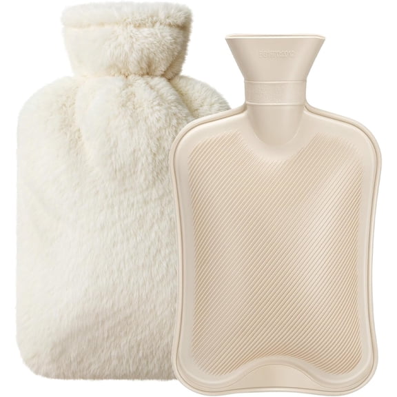 2L Natural Rubber Hot Water Bottle with Cover, Leakproof Design for & Cold Compress, Ideal Menstrual Cramps/Hand Feet Warmer/Neck Shoulder Pain Relief, Ultra-Soft Touch, Cream White
