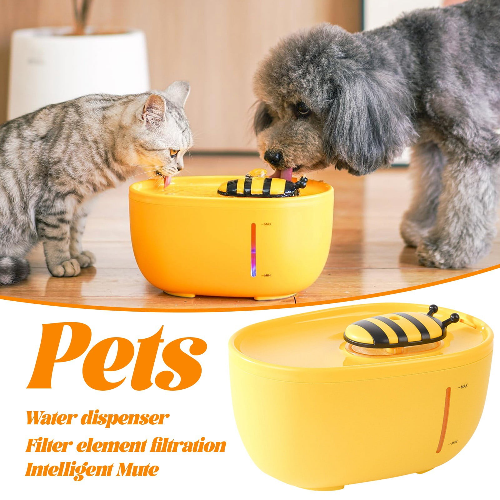 2L Pet Water Fountain Leakproof Quiet Automatic Water Dispenser in Cute Bee Shape Smart Hydration Bowl for Indoor Cats & Small Dogs