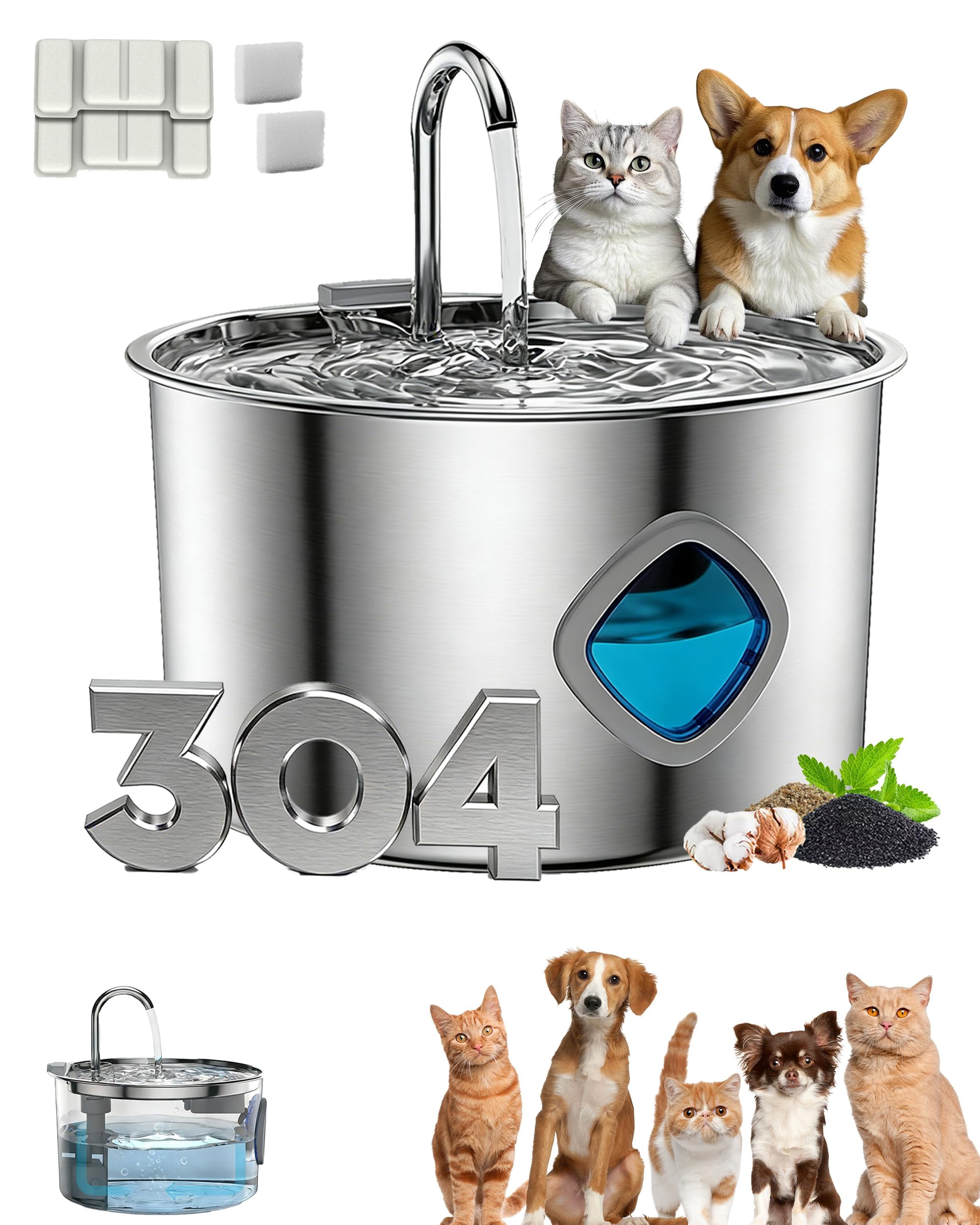 2L Stainless Steel Dog Water Fountain – Automatic Pet Water Dispenser with Quiet Pump, 10 Filters, Visible Water Level & Easy Clean