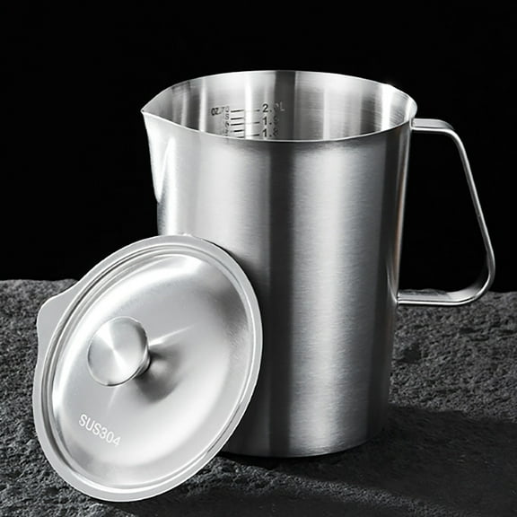 2L Stainless Steel Measuring Cup With Lid & Handle Large Capacity Pitcher With 2000Ml Scale Line Metal Jug For Coffee Juice Milk