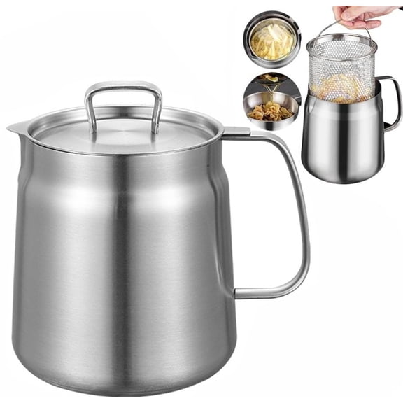 2L Stainless Steel Oil Filter Pot,Bexikou Small Deep Fryer with Basket Multi-Functional Oil Filter Vessel with Strainer for Kitchen, Kitchen Milk Pot for Tea Coffee