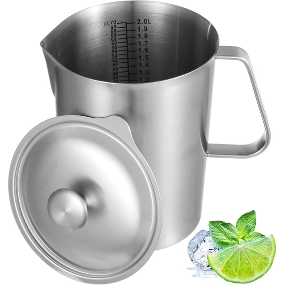 2L Stainless Steel Pitcher with Lid, 70 oz Measuring Cup with Dual-Scale Markings, Milk Frothing Jug, Large Beaker for Espresso Machine, Hot/Cold Water, Latte Art, Iced Tea