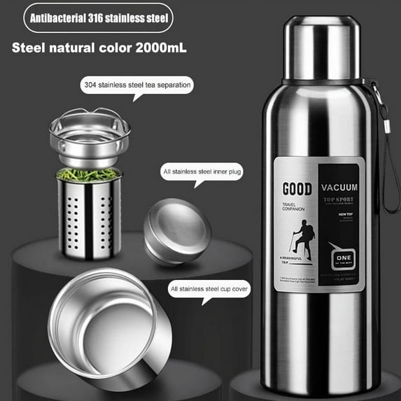 2L Stainless Steel Vacuum Thermos – Large Capacity Water Bottle for Outdoor Activities, Hiking, Climbing, Keeping Drinks Warm (Silver 2L,500ml-2L)