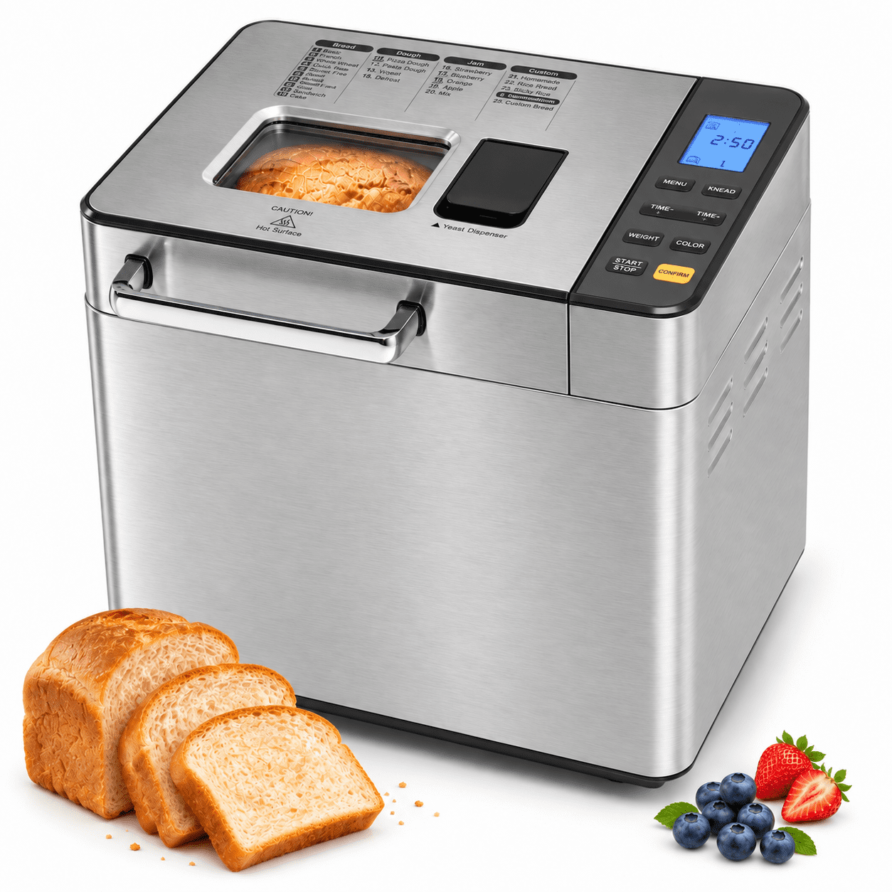 2LB 25-in-1 Automatic Bread Maker Machine, Bread Maker Stainless Steel with Auto Fruit and Nut Dispenser, Digital LCD Display, Gluten-Free, 13-Hour Delay Timer, Keep Warm