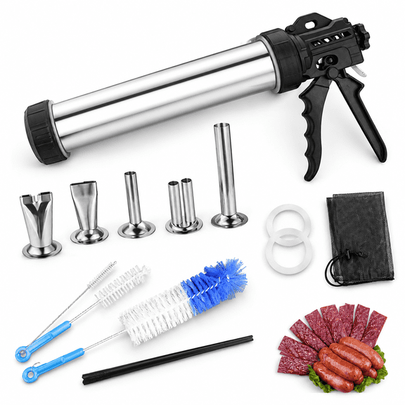 2LB Stainless Steel Meat Sausage Stuffing Kit with 5 Nozzles and 3 Brushes