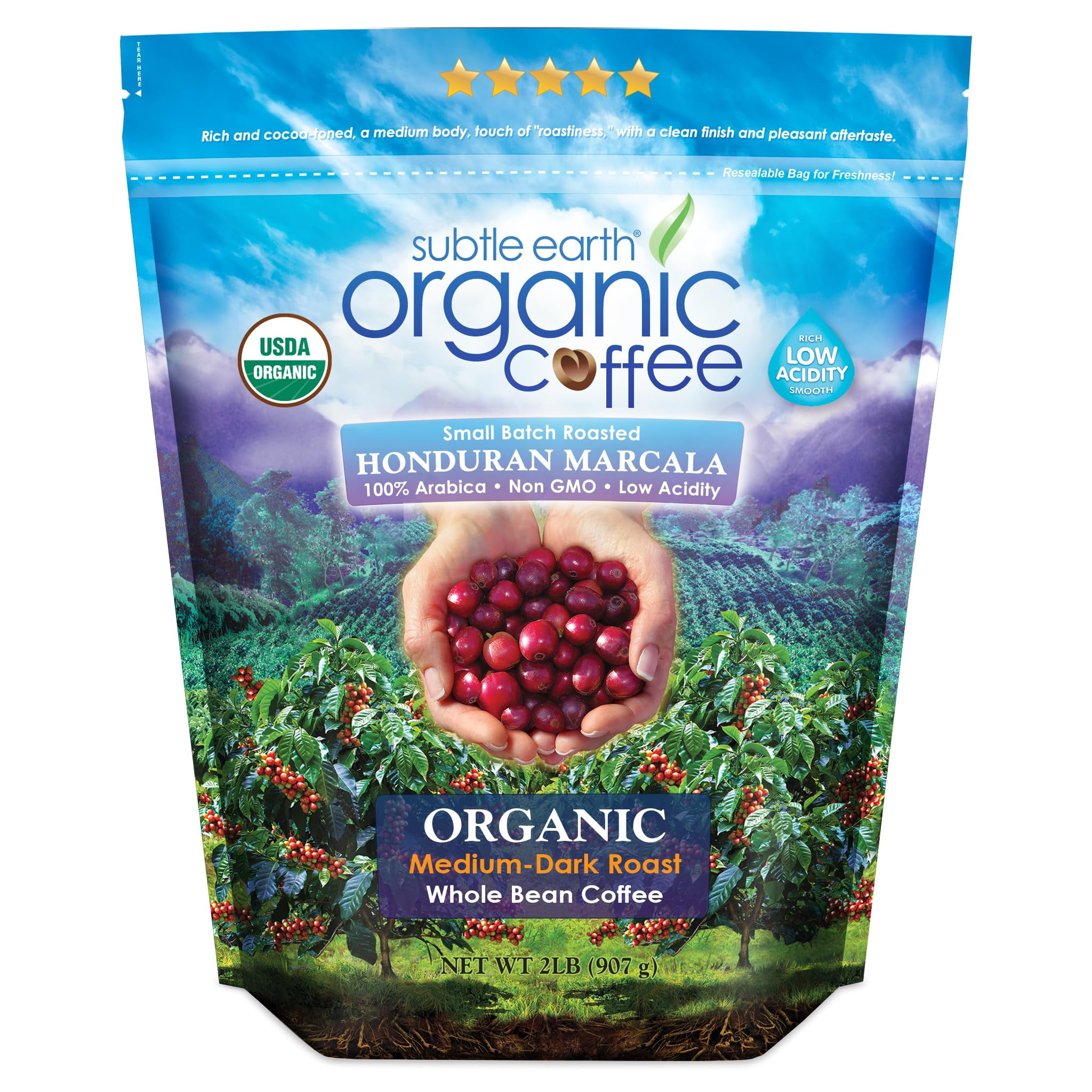 2LB Subtle Earth SCH4 Organic Coffee - Medium-Dark Roast - Whole Bean ...