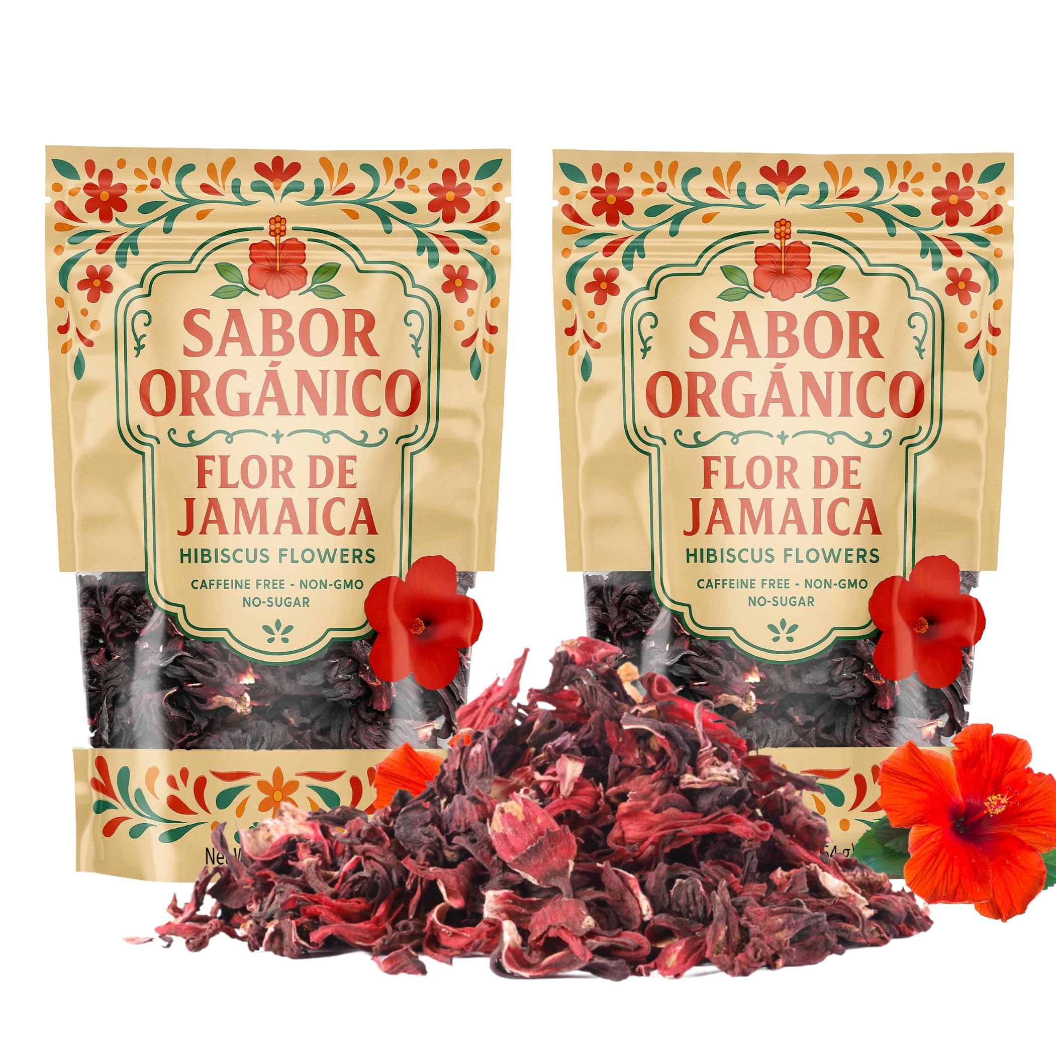2LB Whole Dried Hibiscus Flowers (Flor de Jamaica) for Hibiscus Tea & Mexican Agua Fresca | Natural, Non-GMO, No Preservatives | Includes Resealable 1lb Stand-Up Pouches | Sabor Orgánico