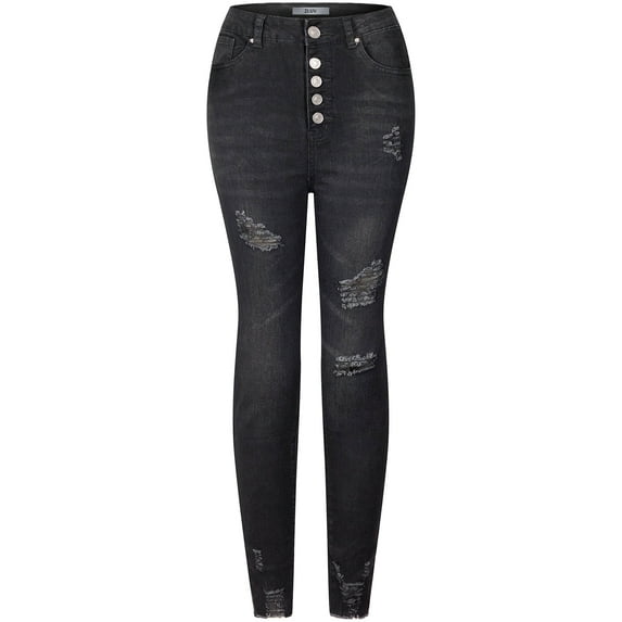 2Luver, Women's, High Waist High Rise Ripped Distressed 5 Pockets Skinny Comfy Jeans Button Closure, Black, 5