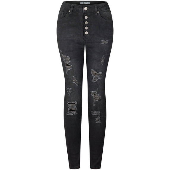2Luver, Women's, High Waist High Rise Ripped Distressed 5 Pockets Skinny Comfy Jeans Button Closure, Black, 7