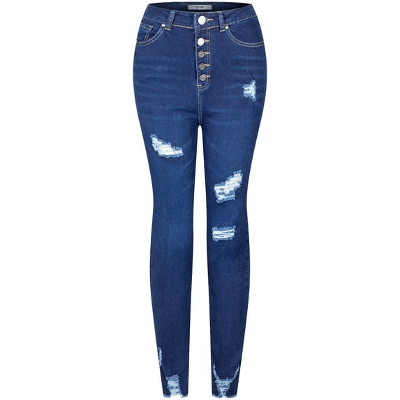 2Luver, Women's, High Waist High Rise Ripped Distressed 5 Pockets Skinny Comfy Jeans Button Closure, Dark Blue, 5