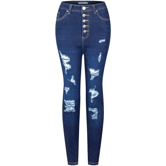 2Luver, Women's, High Waist High Rise Ripped Distressed 5 Pockets Skinny Comfy Jeans Button Closure, Dark Blue, 7
