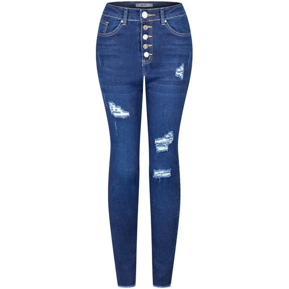 2Luver, Women's, High Waist High Rise Ripped Distressed 5 Pockets Skinny Comfy Jeans Button Closure, Dark Denim, 9