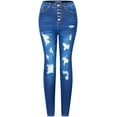thumbnail image 1 of 2Luver, Women's, High Waist High Rise Ripped Distressed 5 Pockets Skinny Comfy Jeans Button Closure, Medium Blue, 11, 1 of 2