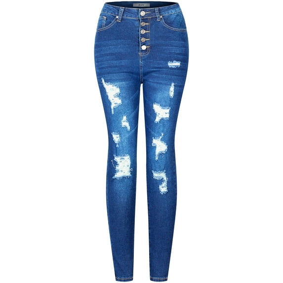 2Luver, Women's, High Waist High Rise Ripped Distressed 5 Pockets Skinny Comfy Jeans Button Closure, Medium Blue, 9
