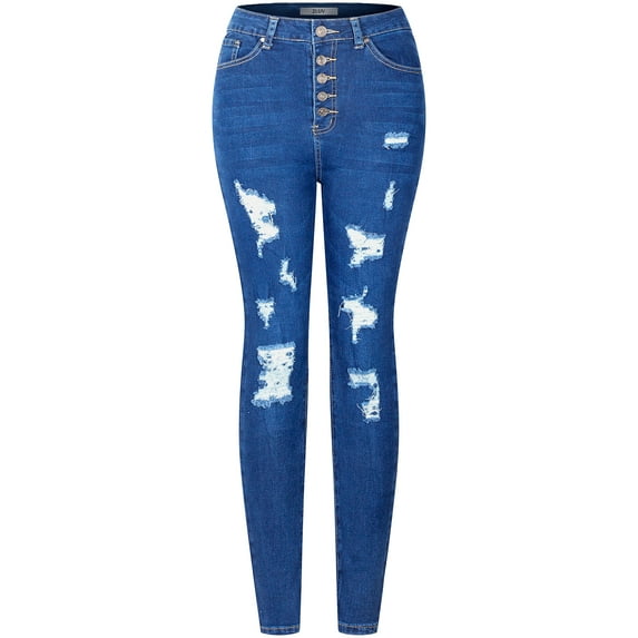 2Luver, Women's, High Waist High Rise Ripped Distressed 5 Pockets Skinny Comfy Jeans Button Closure, Medium Blue Wash, 7