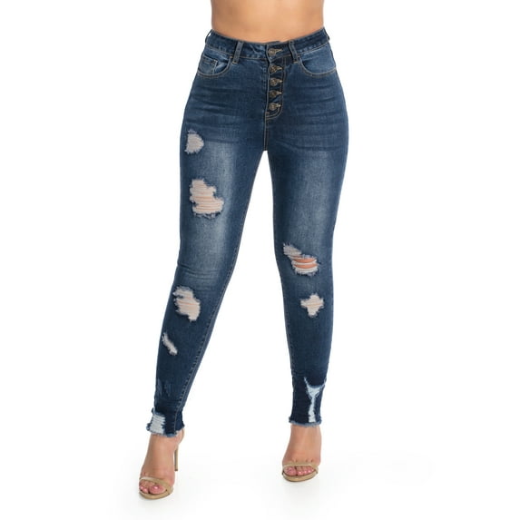 2Luver, Women's, High Waist High Rise Ripped Distressed 5 Pockets Skinny Comfy Jeans Button Closure, Medium Denim Wash, 5