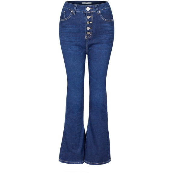 2Luver, Women's, High Waist Rise Flare Straight 5 Pockets Comfy Jeans Zip Button Closure, Dark Blue, 13