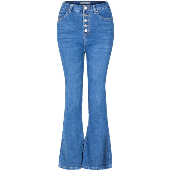 2Luver, Women's, High Waist Rise Flare Straight 5 Pockets Comfy Jeans Zip Button Closure, Light Blue, 13
