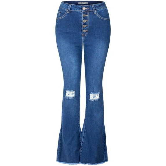 2Luver, Women's, High Waist Rise Ripped Raw Hem Flare Straight 5 Pockets Comfy Jeans Zip Button Closure, Medium Blue, 11