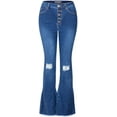 thumbnail image 1 of 2Luver, Women's, High Waist Rise Ripped Raw Hem Flare Straight 5 Pockets Comfy Jeans Zip Button Closure, Medium Blue, 9, 1 of 2