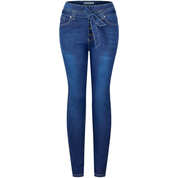 2Luver, Women's, High Waist Rise Self Tie Belt, 5 Pockets Skinny Comfy Jeans Zip Button Closure, Dark Blue, 7