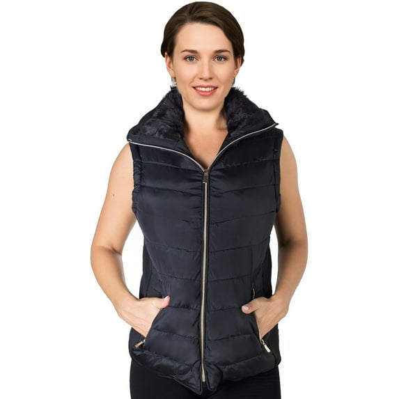 2Luver, Women's, Quilted Padded Fleece Lining High Collar Vest With Zip Pockets, Zip Closure Stretchable Side Gathering, Black, 2X