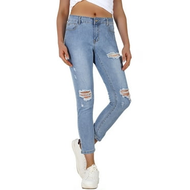 2Luver, Women's, Ripped Ankle Length Mid Rise 5 Pockets Comfy Skinny Jeans, Denim Light, 13