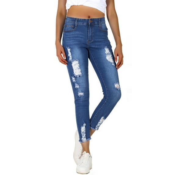 2Luver, Women's, Ripped Ankle Length Mid Rise 5 Pockets Comfy Skinny Jeans, Medium Wash, 1