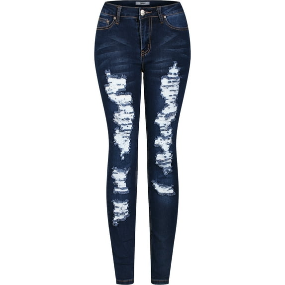 2Luver, Women's, Stretchy 5 Pocket Destroyed Dark Denim Skinny Jeans, Dark Denim, 9