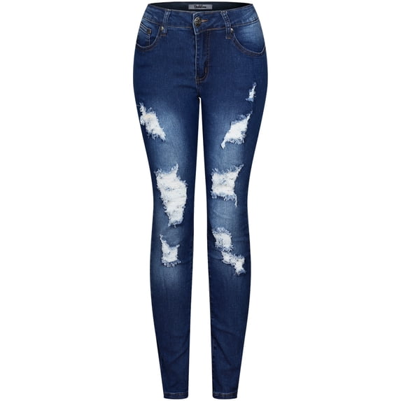 2Luver, Women's, Stretchy 5 Pocket Destroyed Medium Denim Skinny Jeans, Blue Faded, 5