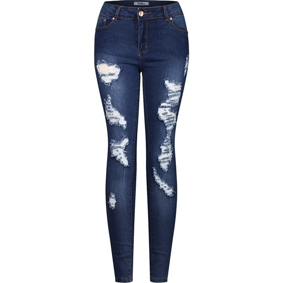 2Luver, Women's, Stretchy 5 Pocket Distressed Denim Skinny Jeans, Denim Medium, 11