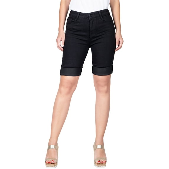 2Luver, Women's, Stretchy 5 Pocket Mid-Rise Solid Color Classic Skinny Bermuda Shorts, Black, 5