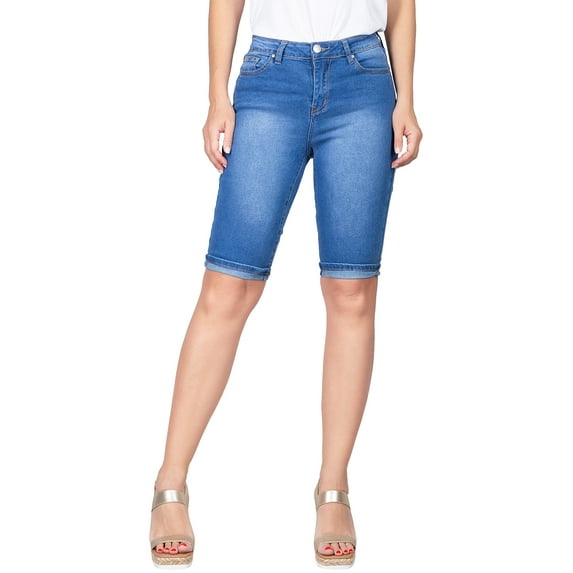 2Luver, Women's, Stretchy 5 Pocket Mid-Rise Solid Color Classic Skinny Bermuda Shorts, Blue, 9