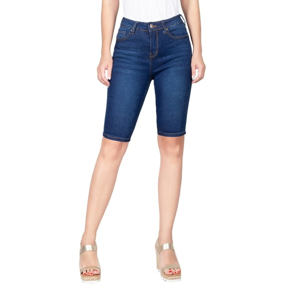 2Luver, Women's, Stretchy 5 Pocket Mid-Rise Solid Color Classic Skinny Bermuda Shorts, Dark Denim, 13